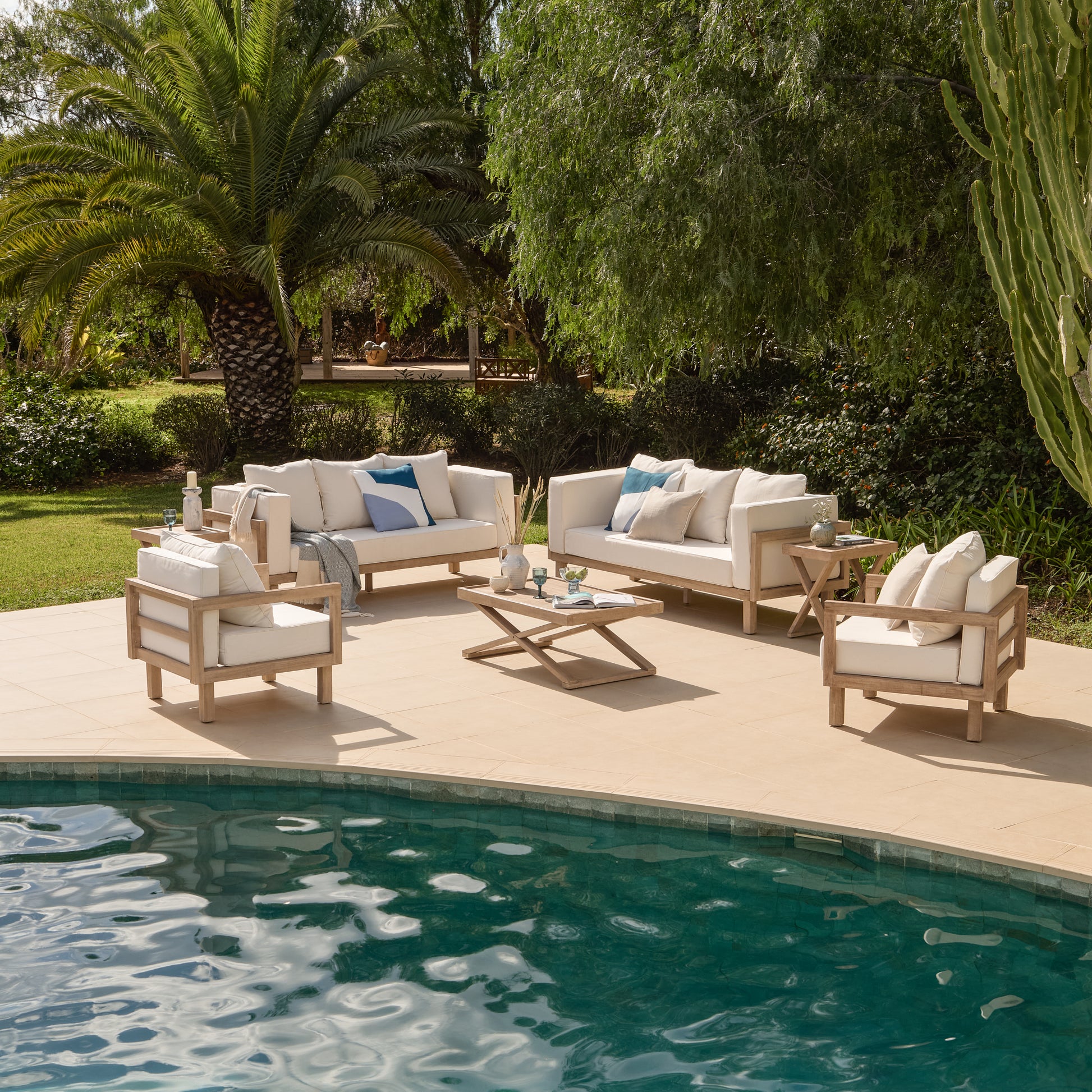 Akira 8 Seater Wooden Garden Sofa Set with Coffee and 2 Akira Side Tables - Laura James