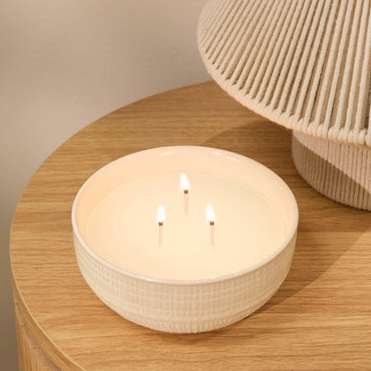 Alderney Three Wick 13cm Ceramic Candle - Oud Wood & Rose In Textured Clay - Laura James