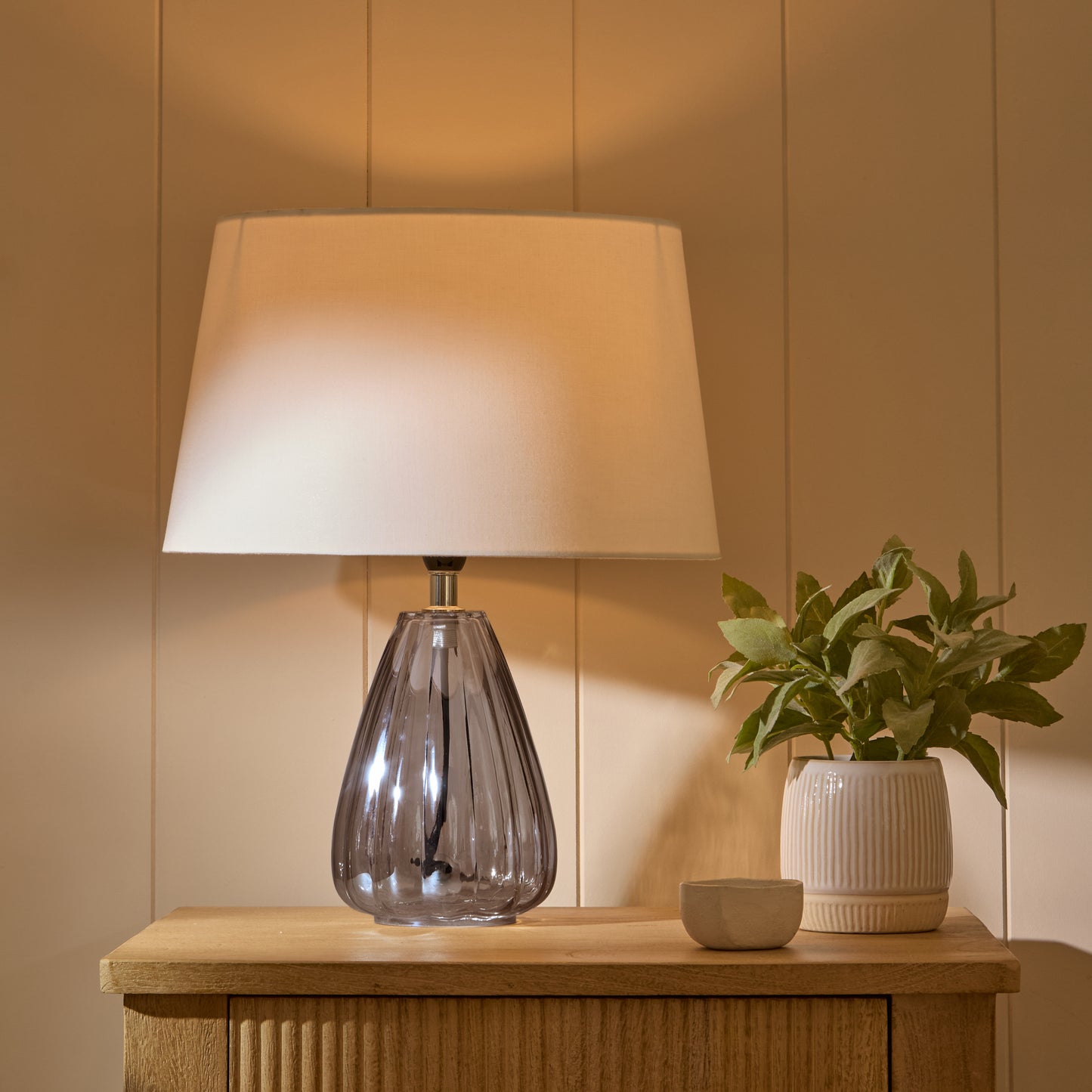 Alma 23cm Glass Lamp Base - Smoke Grey & Coningsby 30cm Cotton Lamp Shade - Snow White - Laura James 