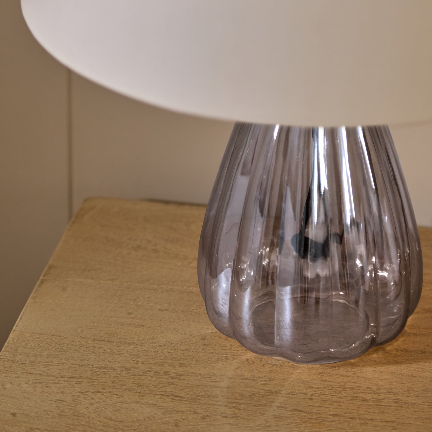 Alma 23cm Glass Lamp Base - Smoke Grey & Coningsby 30cm Cotton Lamp Shade - Snow White - Laura James 