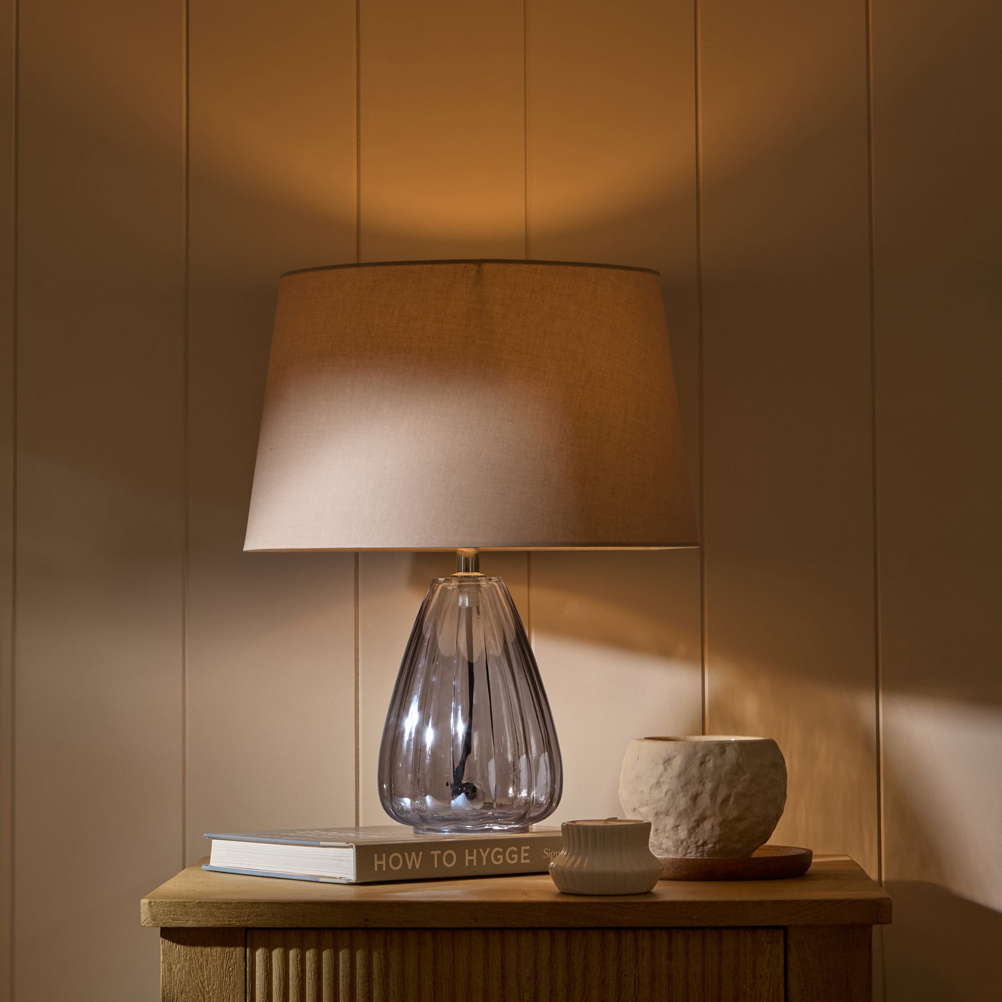 Alma 23cm Glass Lamp Base - Smoke Grey & Coningsby 30cm Cotton Lamp Shade - Taupe - Laura James