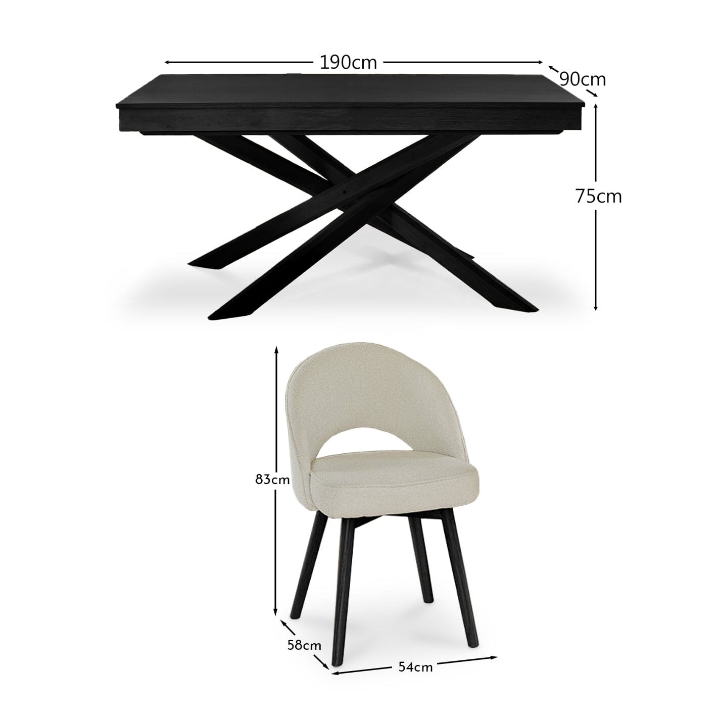 Amelia Black Dining Table Set - 6 Seater - Marilyn Boucle Dining Chairs - Black Legs - Laura James