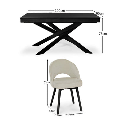 Amelia Black Dining Table Set - 6 Seater - Marilyn Boucle Dining Chairs - Black Legs - Laura James