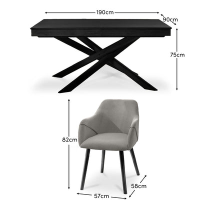 Amelia Black Dining Table Set - 6 Seater - Freya Fossil Carver Chairs with Black Legs - Laura James 