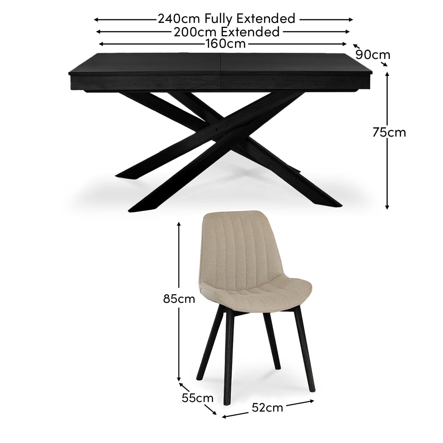 Amelia Black Extending Dining Table Set - 6 Seater - Bella Grey Dining Chairs - Black Legs - Laura James 
