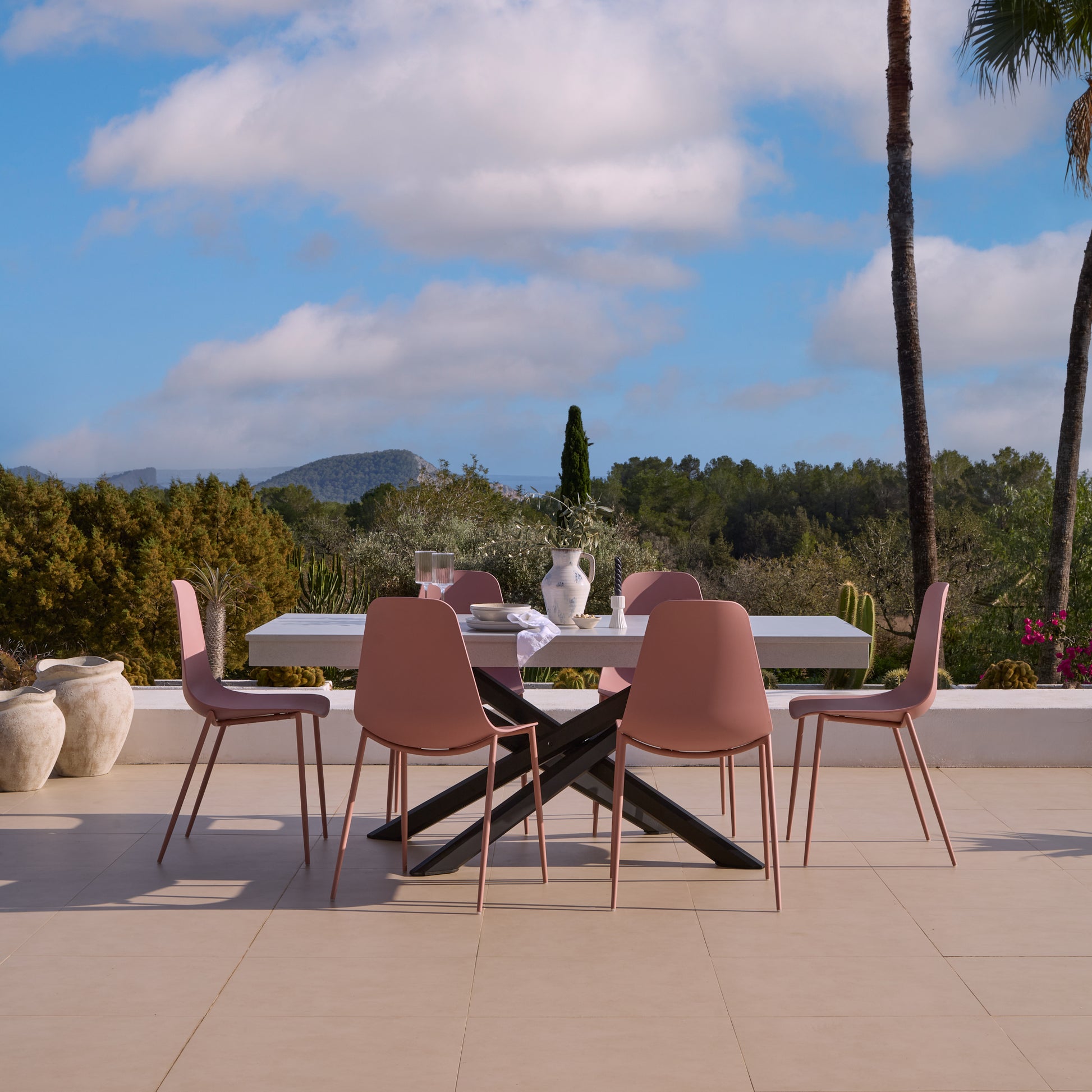 Amelia 6 Seater Pale Grey Concrete Garden Dining Set with Wren Dusty Pink Chairs - Laura James