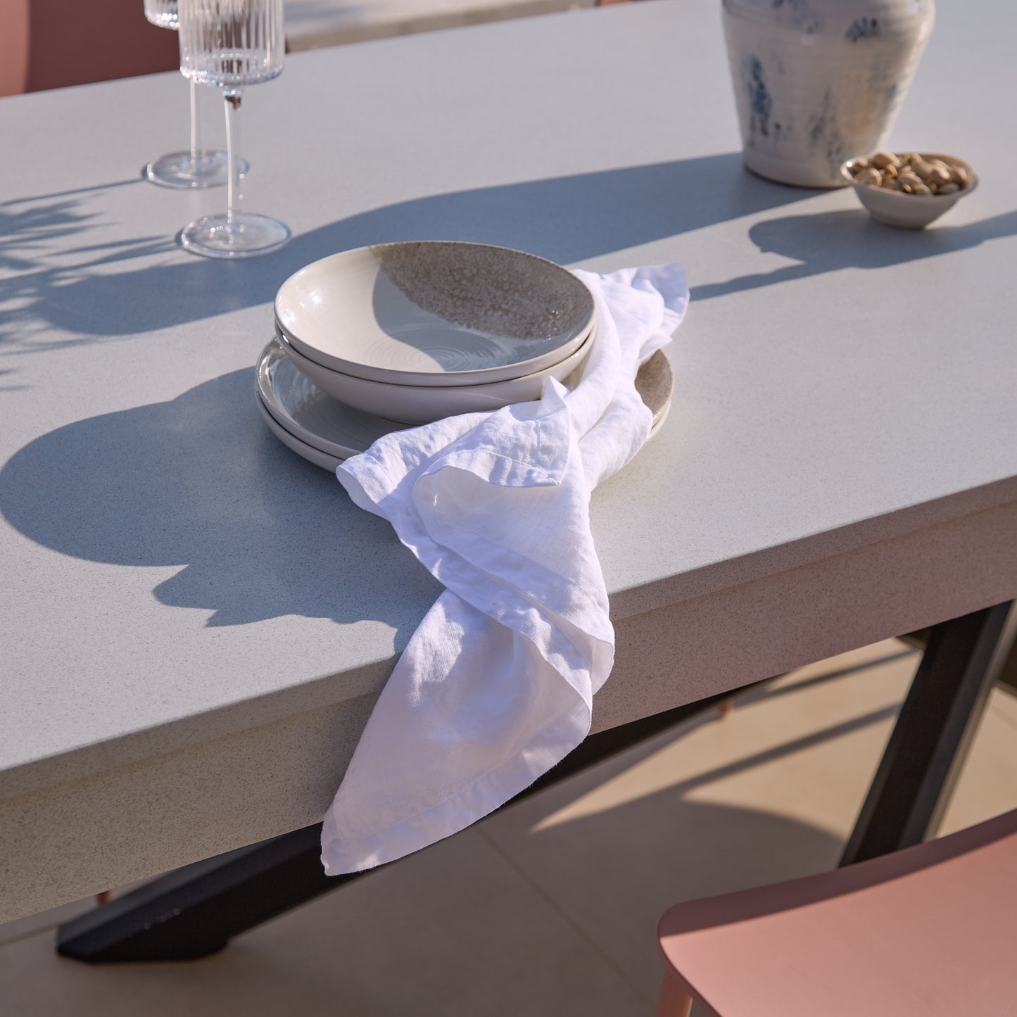 Amelia 6 Seater Pale Grey Concrete Garden Dining Set with Wren Dusty Pink Chairs - Laura James