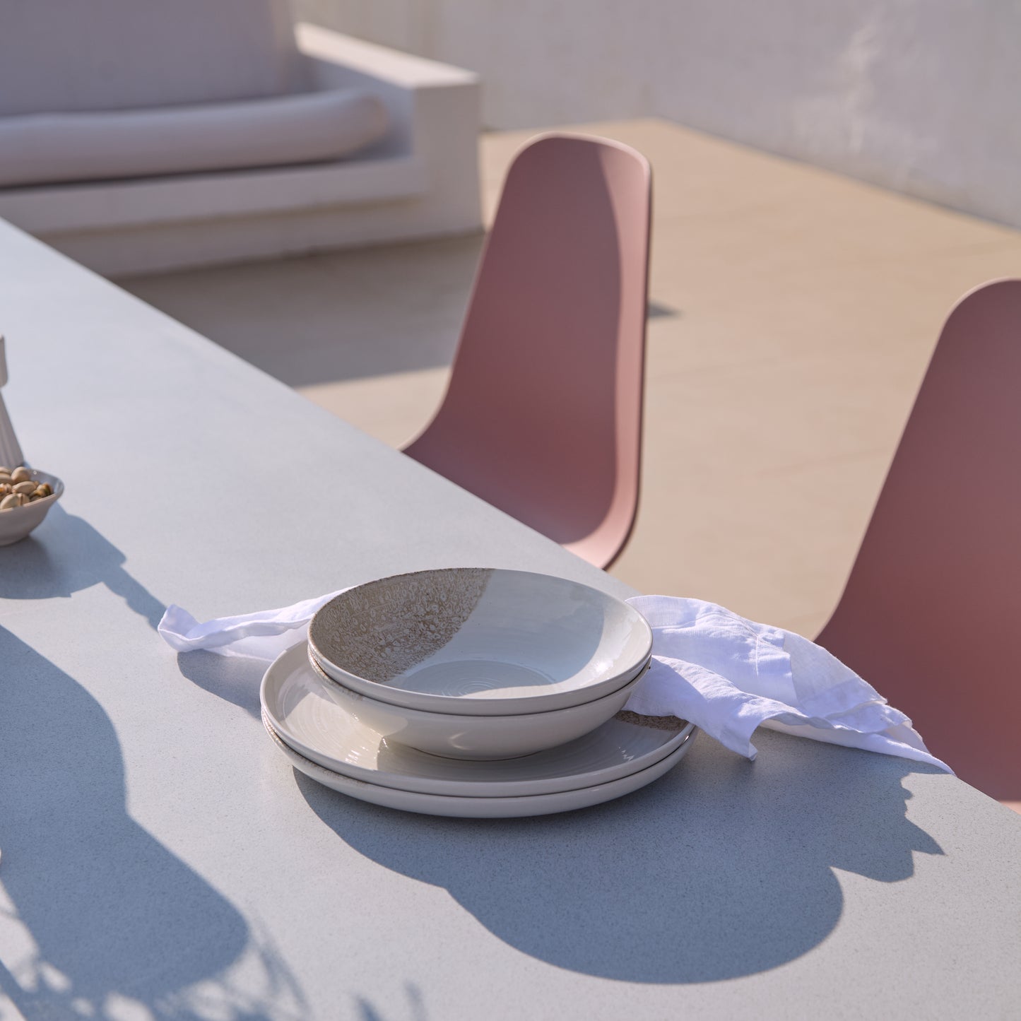 Amelia 6 Seater Pale Grey Concrete Garden Dining Set with Wren Dusty Pink Chairs - Laura James