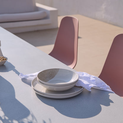 Amelia 6 Seater Pale Grey Concrete Garden Dining Set with Wren Dusty Pink Chairs - Laura James