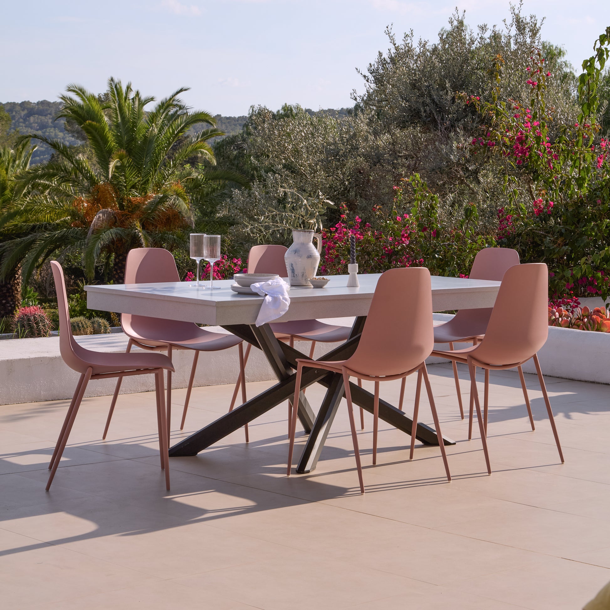 Amelia 6 Seater Pale Grey Concrete Garden Dining Set with Wren Dusty Pink Chairs - Laura James