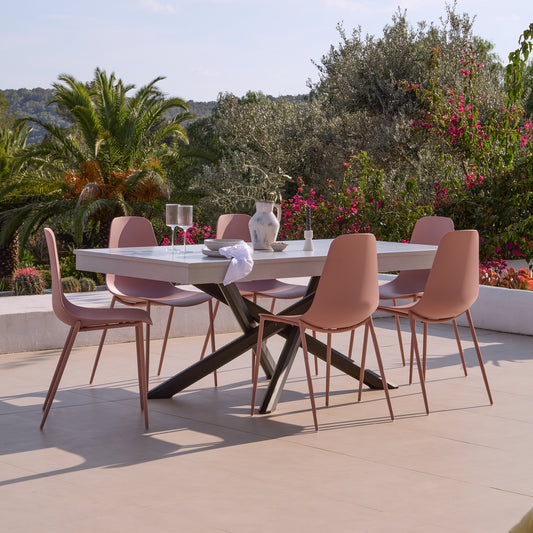 Amelia 6 Seater Pale Grey Concrete Garden Dining Set with Wren Dusty Pink Chairs - Laura James
