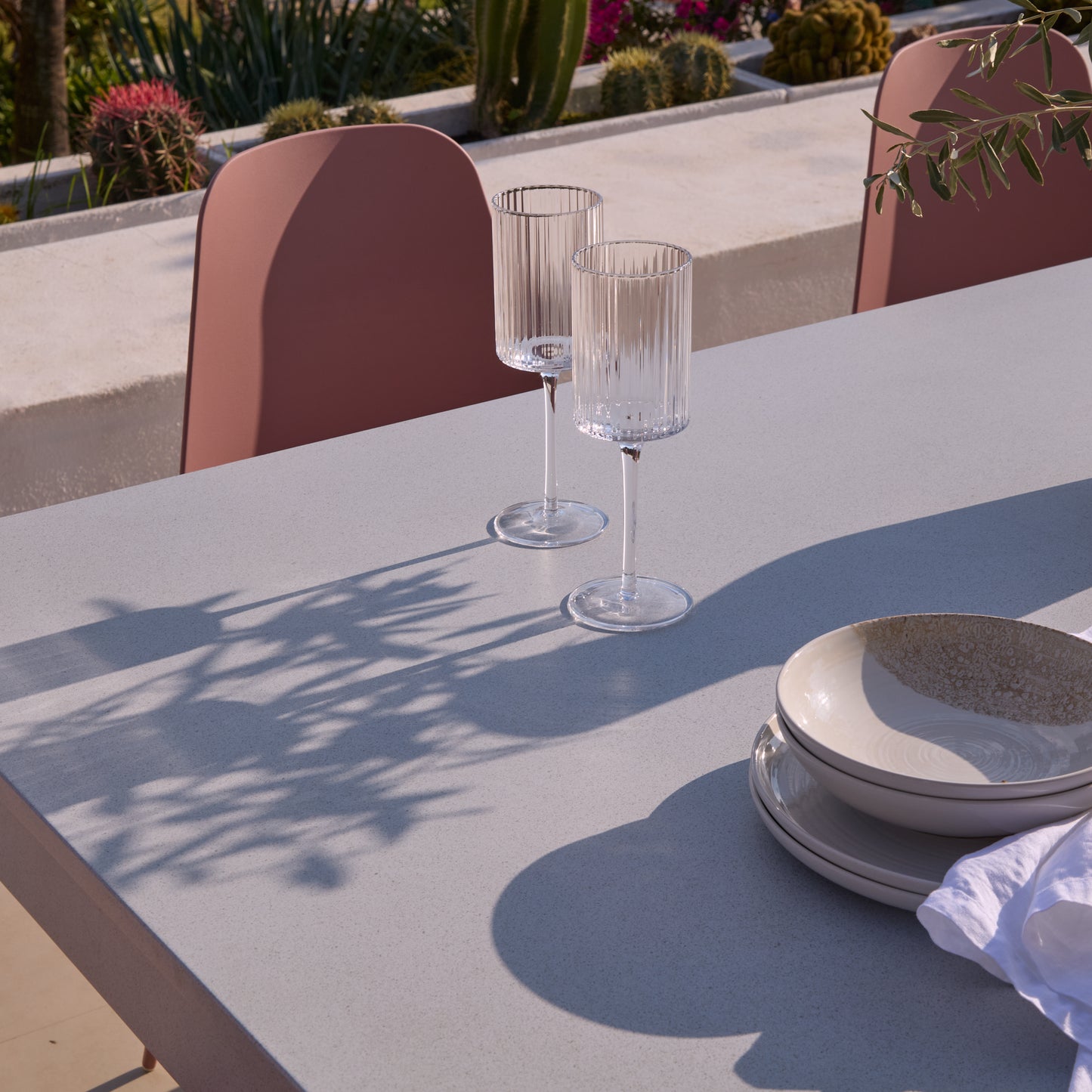 Amelia 6 Seater Pale Grey Concrete Garden Dining Set with Wren Dusty Pink Chairs - Laura James