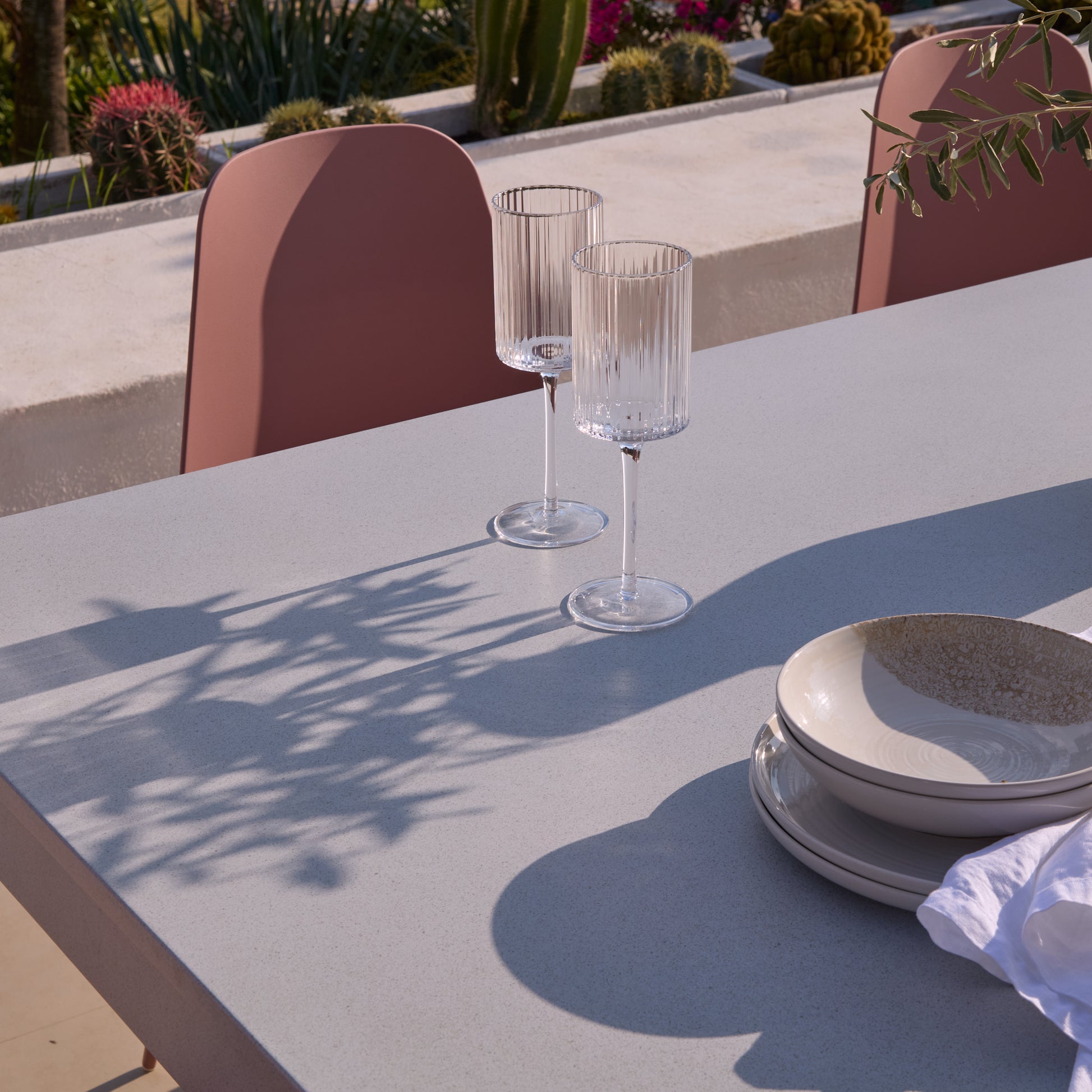 Amelia 6 Seater Pale Grey Concrete Garden Dining Set with Wren Dusty Pink Chairs - Laura James