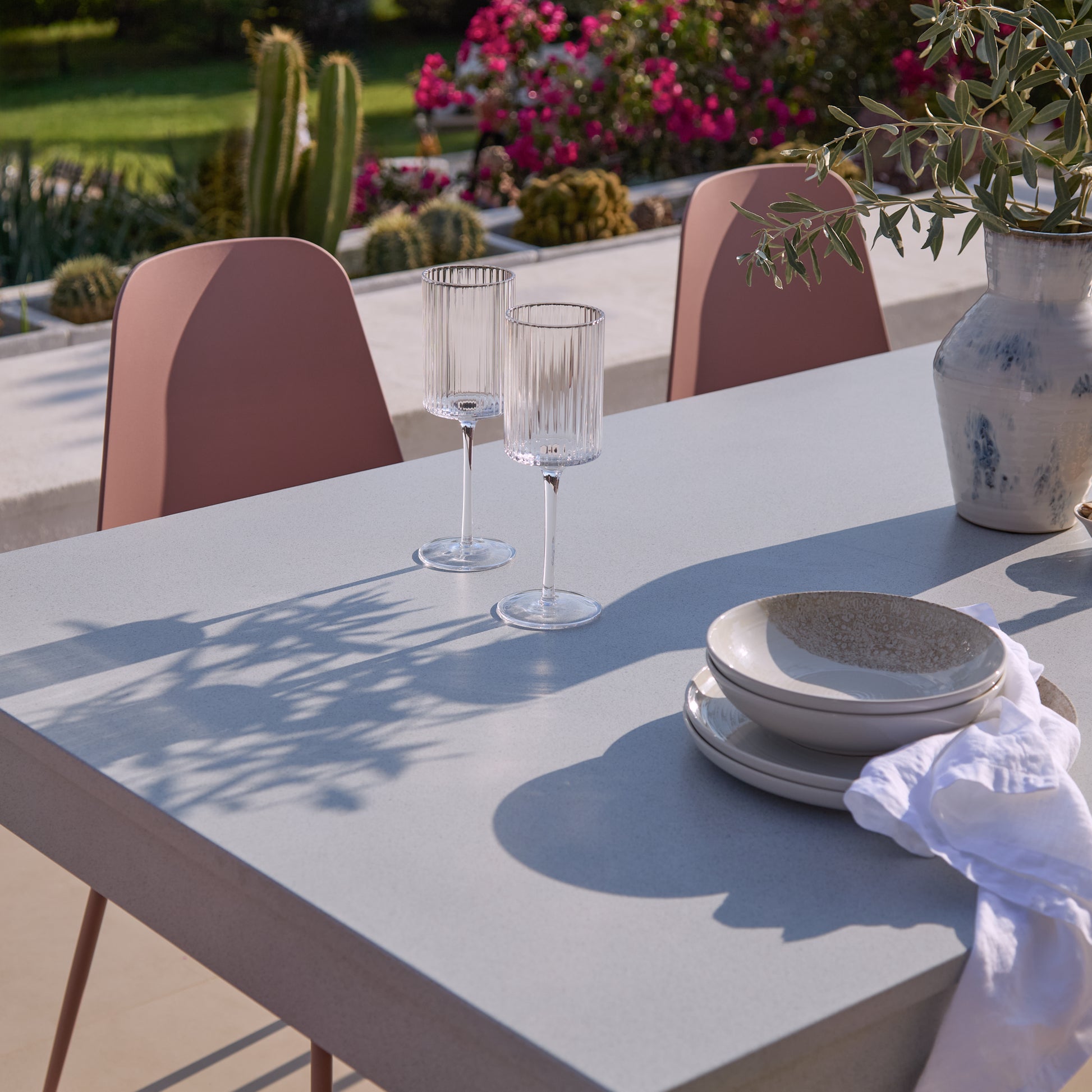 Amelia 6 Seater Pale Grey Concrete Garden Dining Set with Wren Dusty Pink Chairs - Laura James