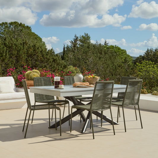 Amelia 6 Seater Pale Grey Concrete Garden Dining Set with Ryder Khaki Chairs - Laura James