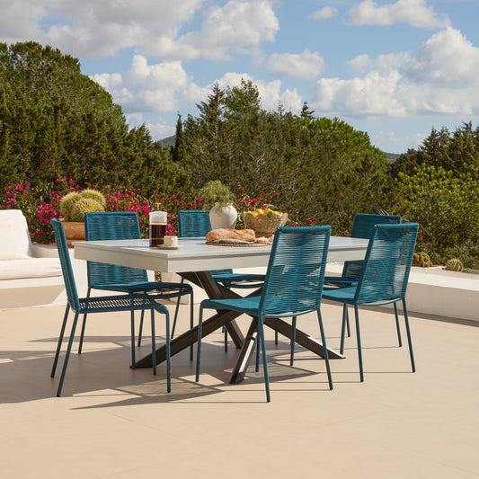 Amelia 6 Seater Pale Grey Concrete Garden Dining Set with Ryder Teal Chairs - Laura James