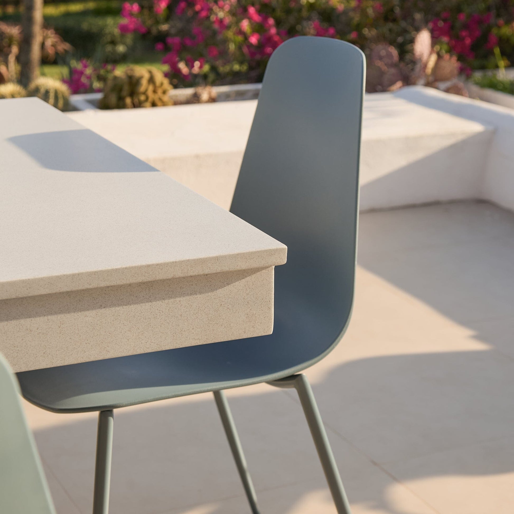 Amelia 6 Seater Pale Grey Concrete Garden Dining Set with Wren Denim Blue Chairs - Laura James