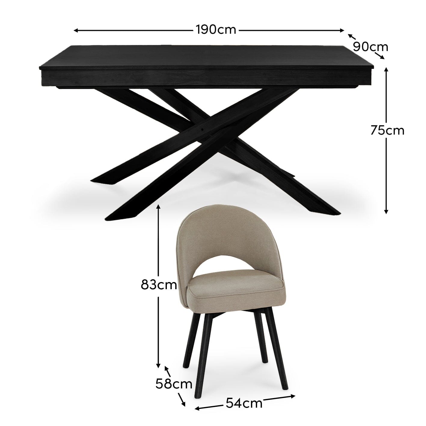 Amelia Black Dining Table Set - 6 Seater - Bella Soft Beige Dining Chairs - Black Legs - Laura James 