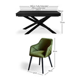 Amelia Black Extendable Dining Table Set - 6 Seater - Freya Fern Green Carver Chairs with Black Legs