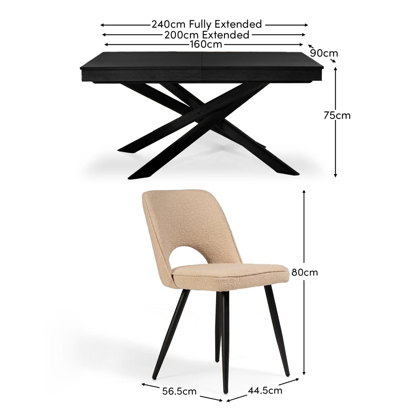 Amelia Black Extending Dining Table Set - 6 Seater - Dolly Dining Chairs - Laura James