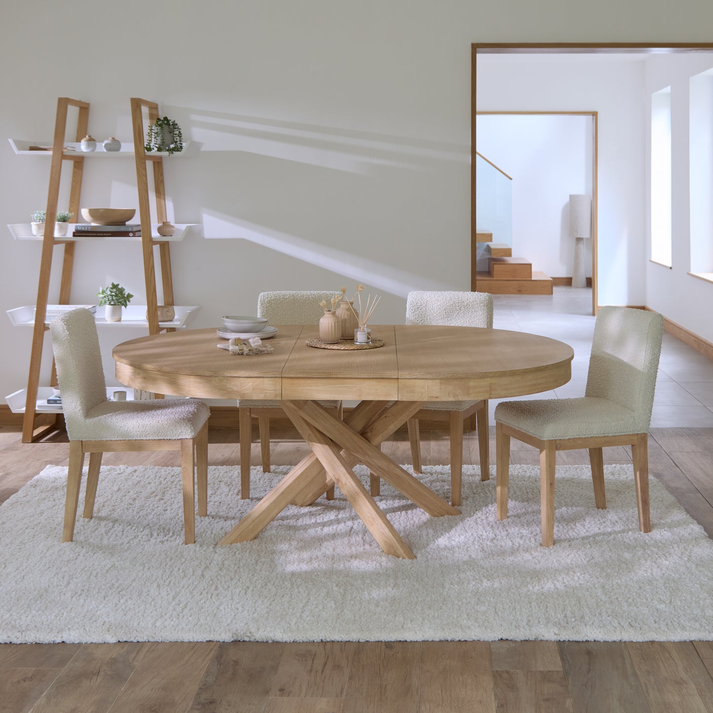 Amelia Whitewash Oval Extending Dining Table Set - 4 Seater - Nolan Boucle Dining Chairs - Whitewash Oak Legs - Laura James