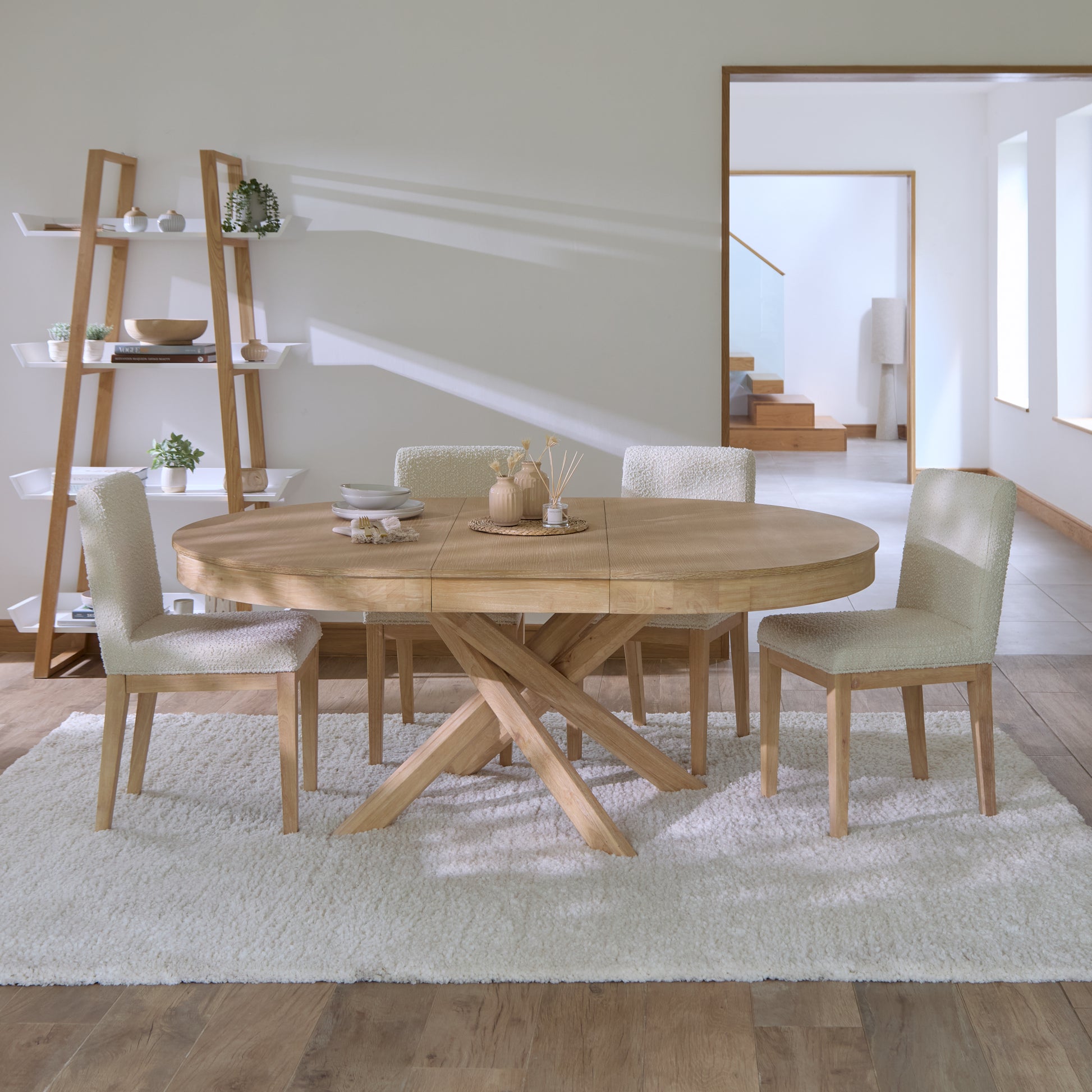 Amelia Whitewash Oval Extending Dining Table Set - 4 Seater - Nolan Boucle Dining Chairs - Whitewash Oak Legs - Laura James