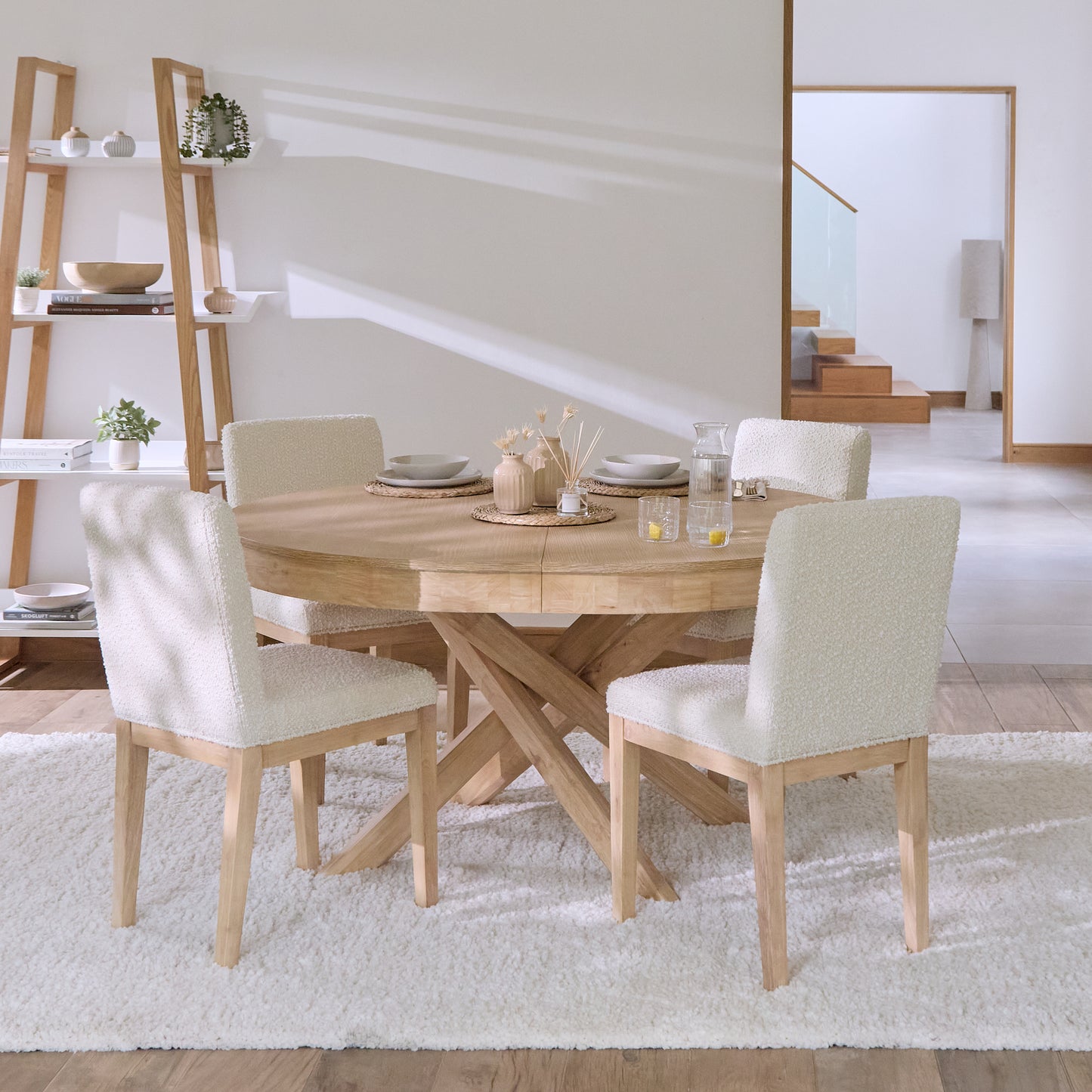 Amelia Whitewash Oval Extending Dining Table Set - 4 Seater - Nolan Boucle Dining Chairs - Whitewash Oak Legs - Laura James
