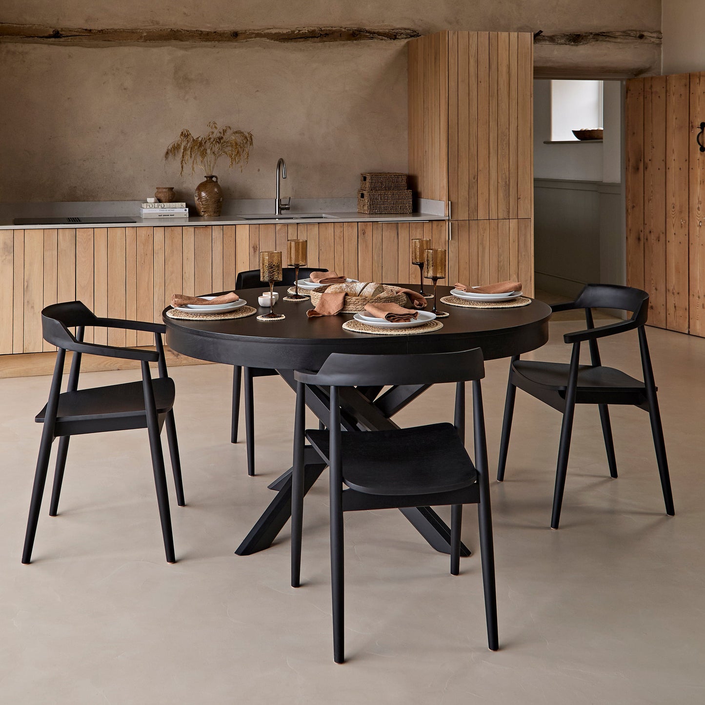 Amelia Black Oak Oval Extending Dining Table Set - 4 Seater - Carter Black Oak Dining Armchairs - Laura James