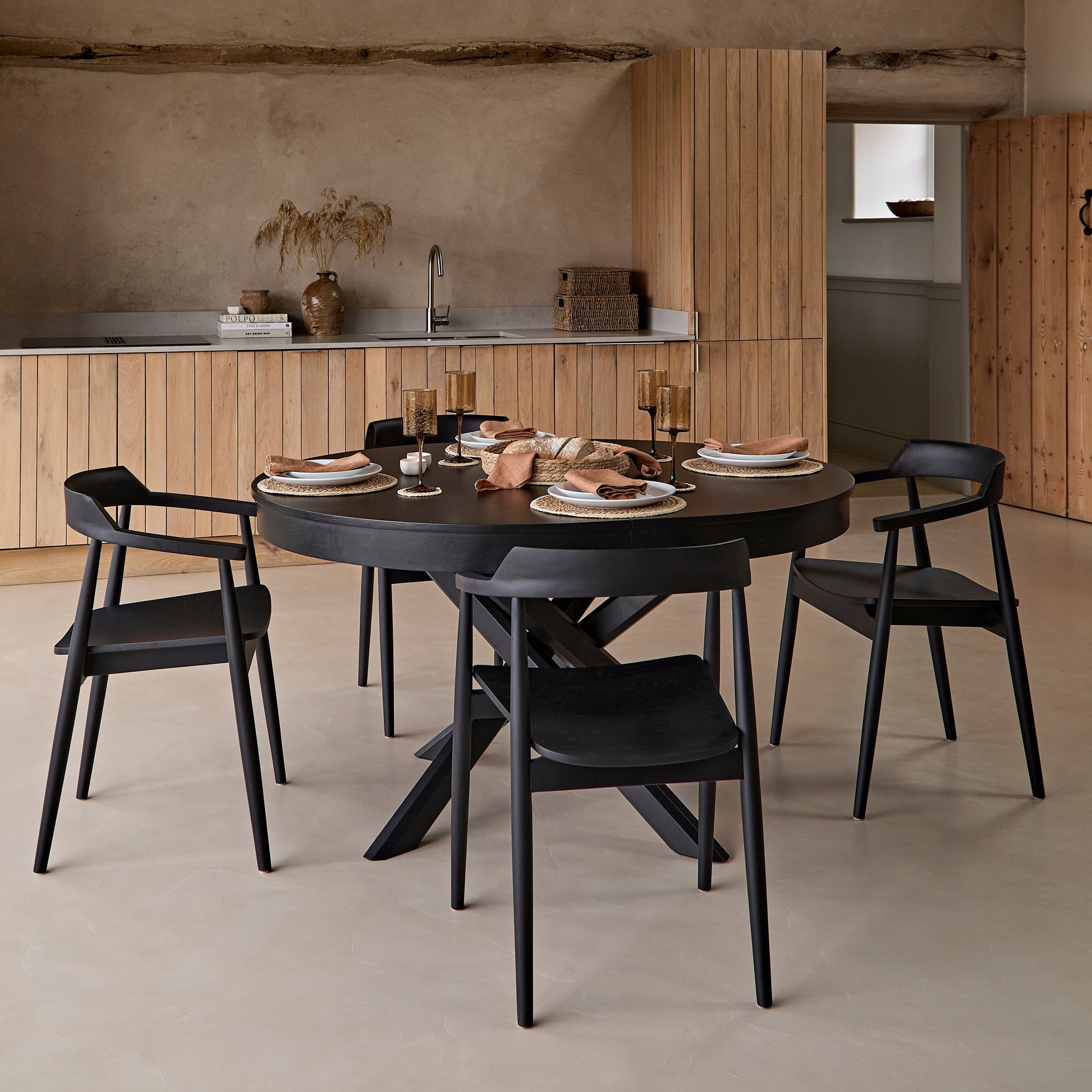 Amelia Black Oak Oval Extending Dining Table Set - 4 Seater - Carter Black Oak Dining Armchairs - Laura James