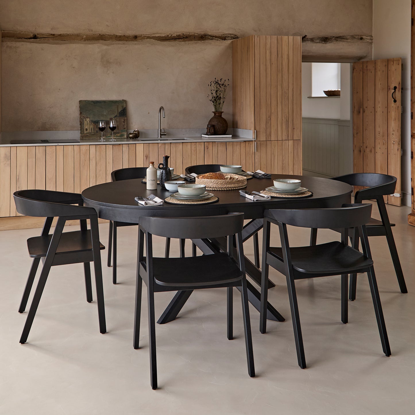 Amelia Black Oak Extendable Oval Dining Table Set - 6 Seater - Ella Black Oak Armchairs