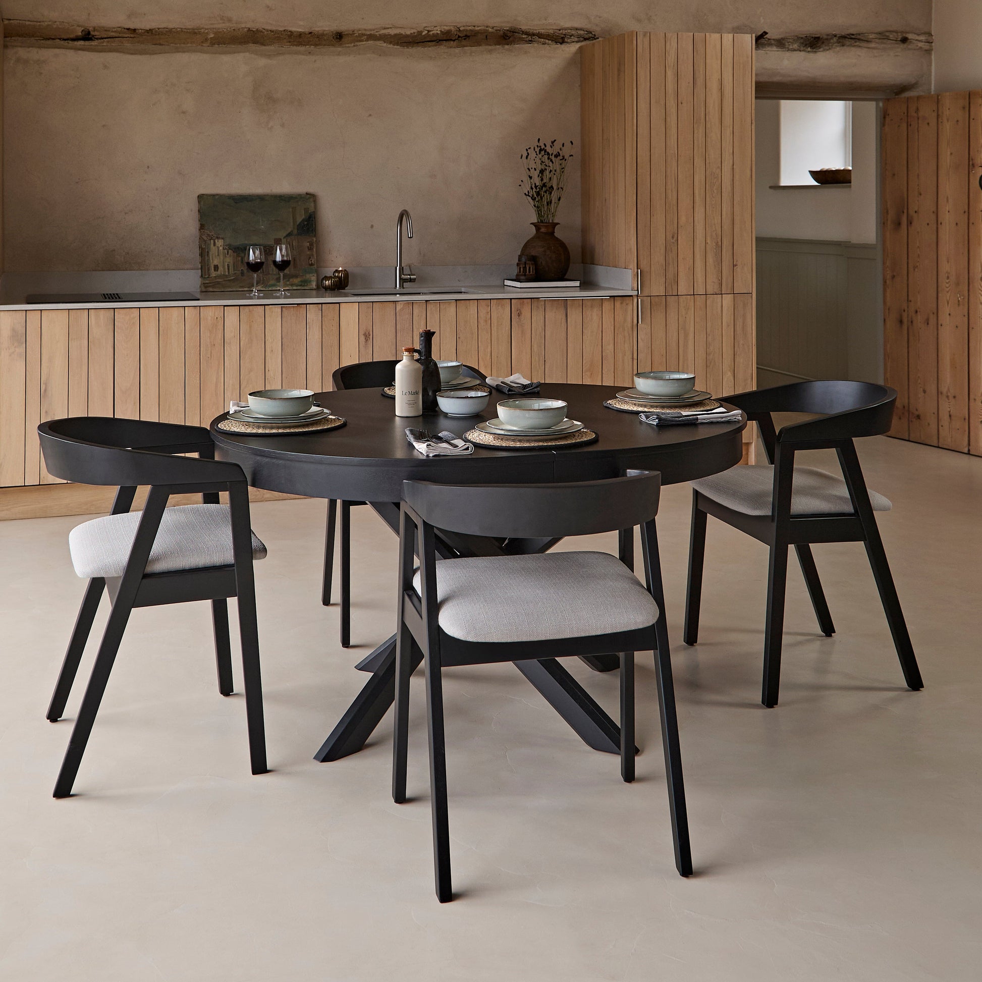 Amelia_Oval_140-180cm_Extending_Dining_Table_Black_Oak_and_Ella_Carver_Dining_Chair_Fawn_Linen-11_1 - Laura James