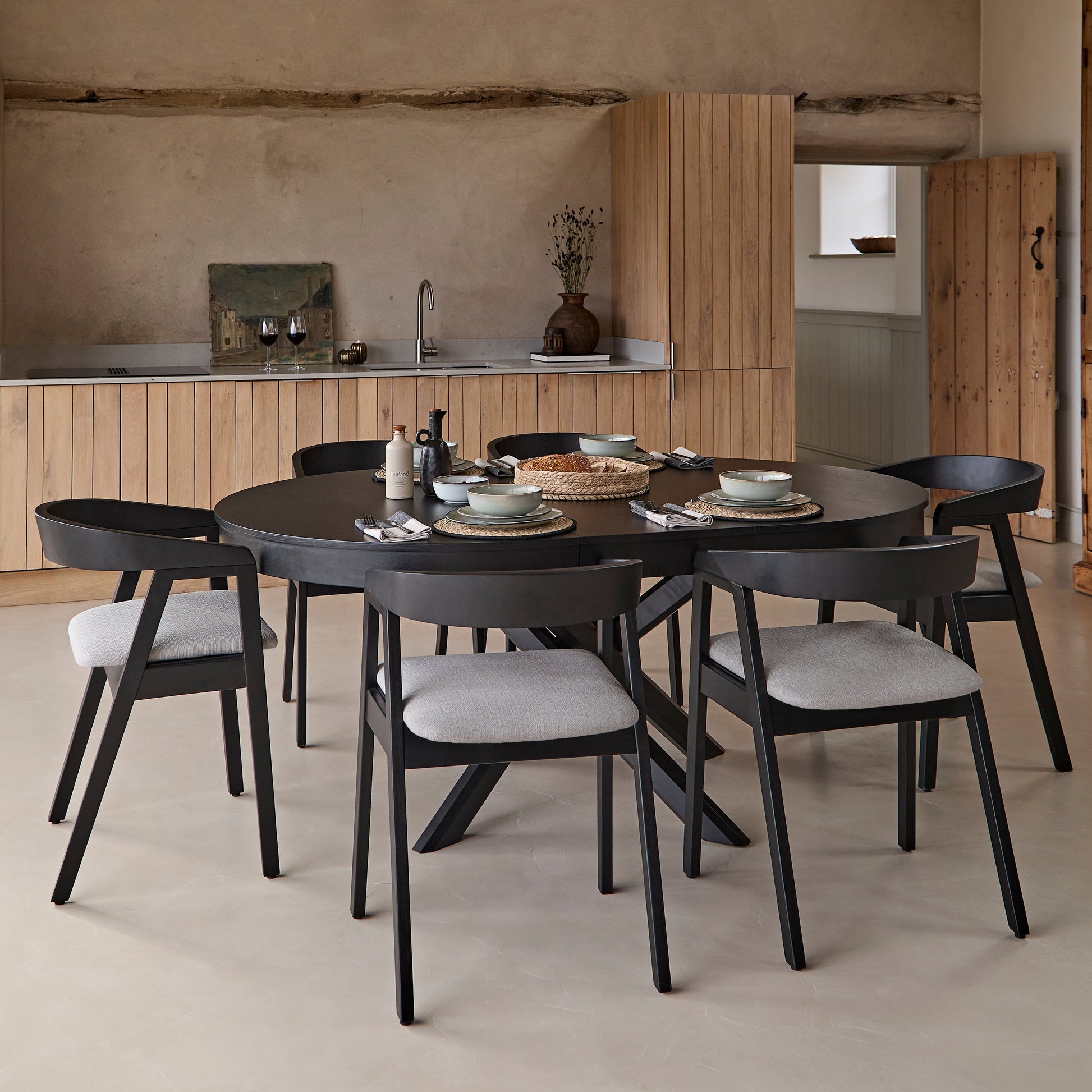 Amelia Black Oak Oval Extending Dining Table Set - 6 Seater - Ella Black Oak Carver Chairs - Fawn Linen - Laura James 