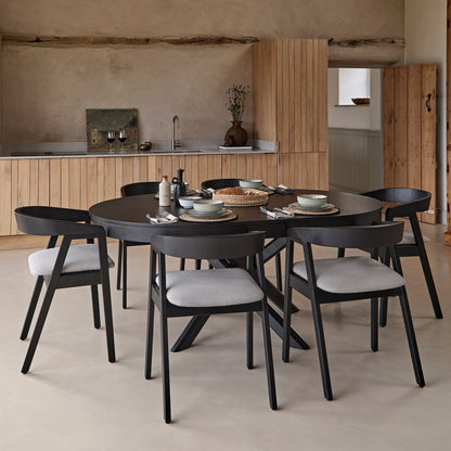 Amelia Black Oak Oval Extending Dining Table Set - 6 Seater - Ella Black Oak Carver Chairs - Fawn Linen - Laura James 