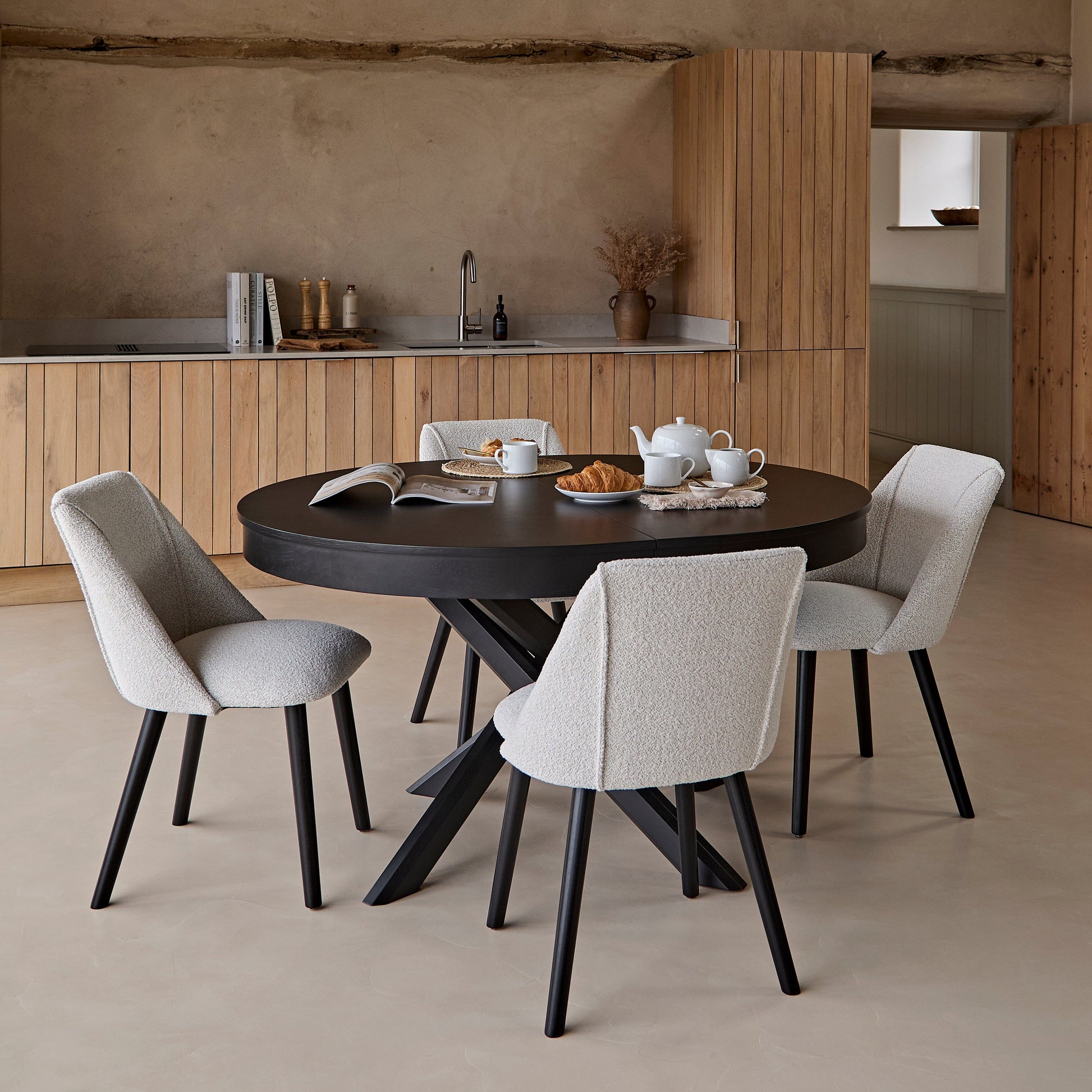 Amelia Black Oak Oval Extending Dining Table Set - 6 Seater - Freya Oat Boucle Dining Chairs- Black Oak Legs - Laura James