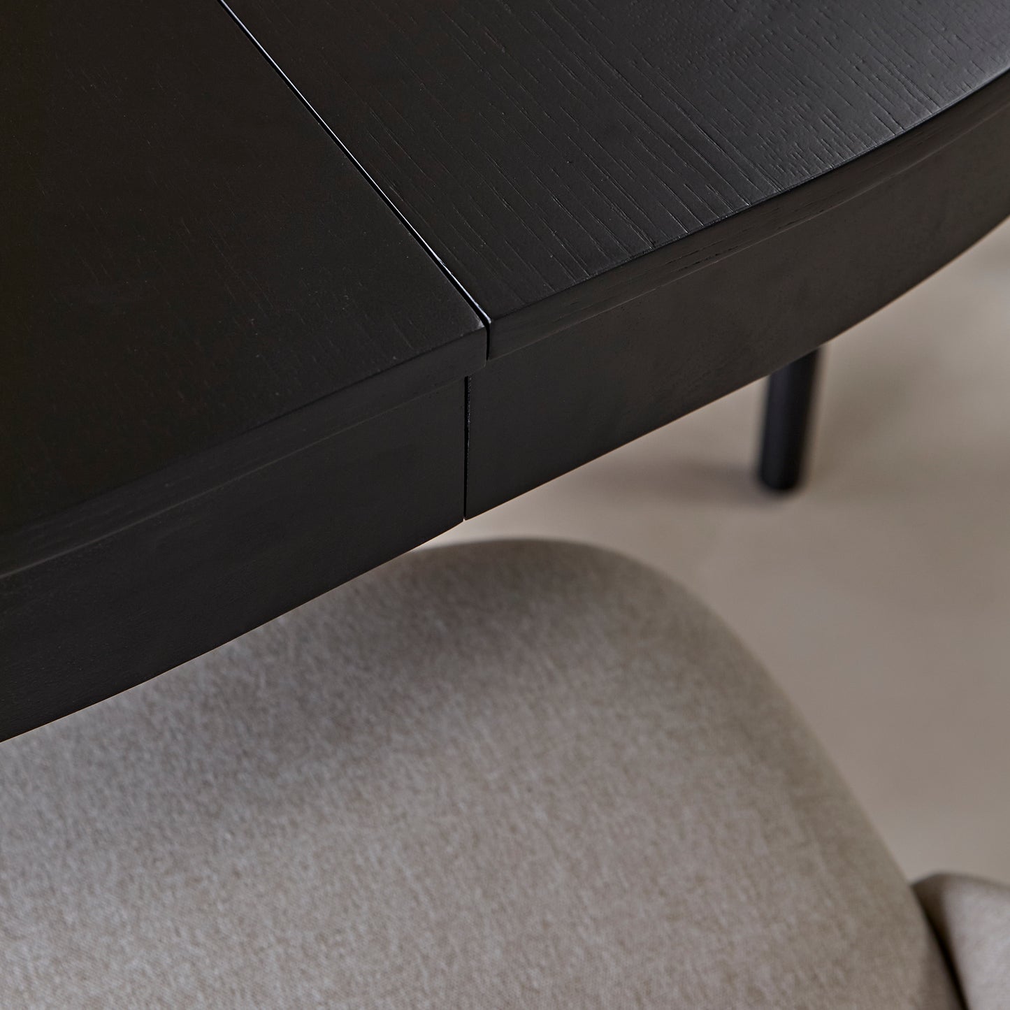 Amelia Black Oak Oval Extending Dining Table Set - 4 Seater - Freya Sand Dining Chairs - Black Oak Legs - Laura James