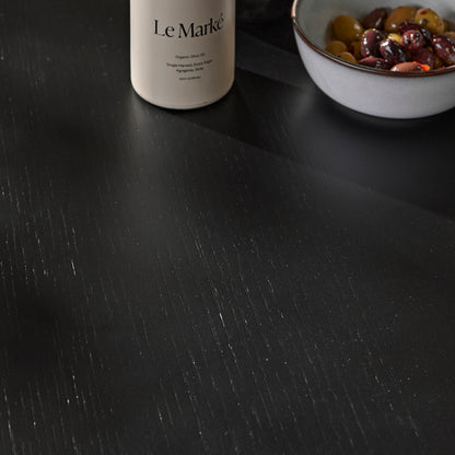 Amelia Black Oak Oval Extending Dining Table Set - 4 Seater - Freya Sand Dining Chairs - Black Oak Legs - Laura James