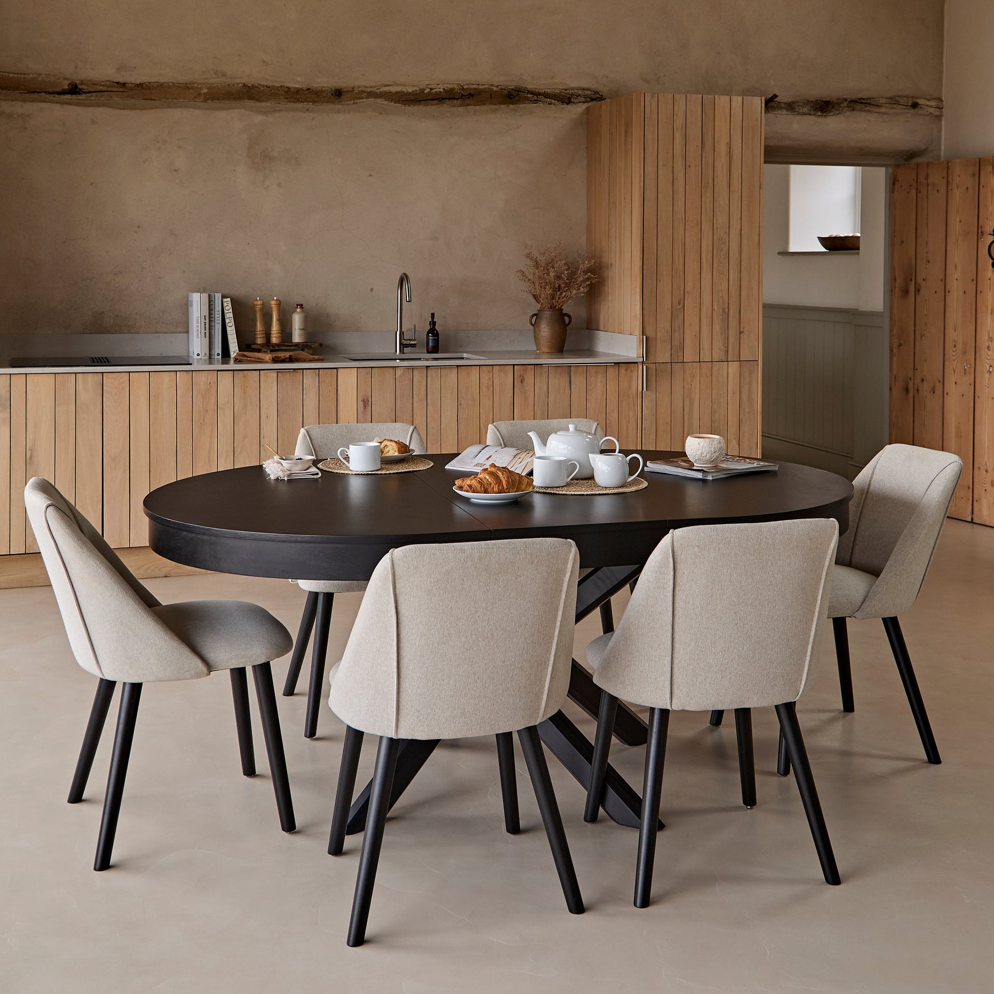 Amelia Black Oak Oval Extending Dining Table Set - 4 Seater - Freya Sand Dining Chairs - Black Oak Legs - Laura James