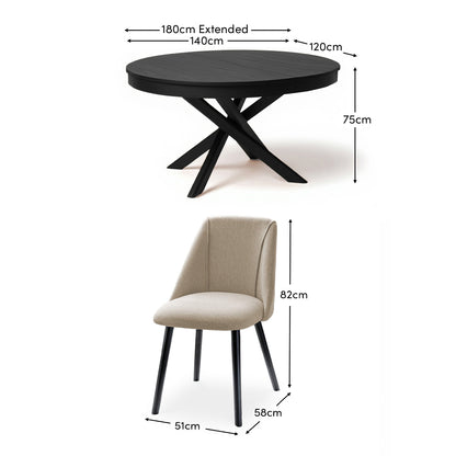 Amelia Black Oak Oval Extending Dining Table Set - 4 Seater - Freya Sand Dining Chairs - Black Oak Legs