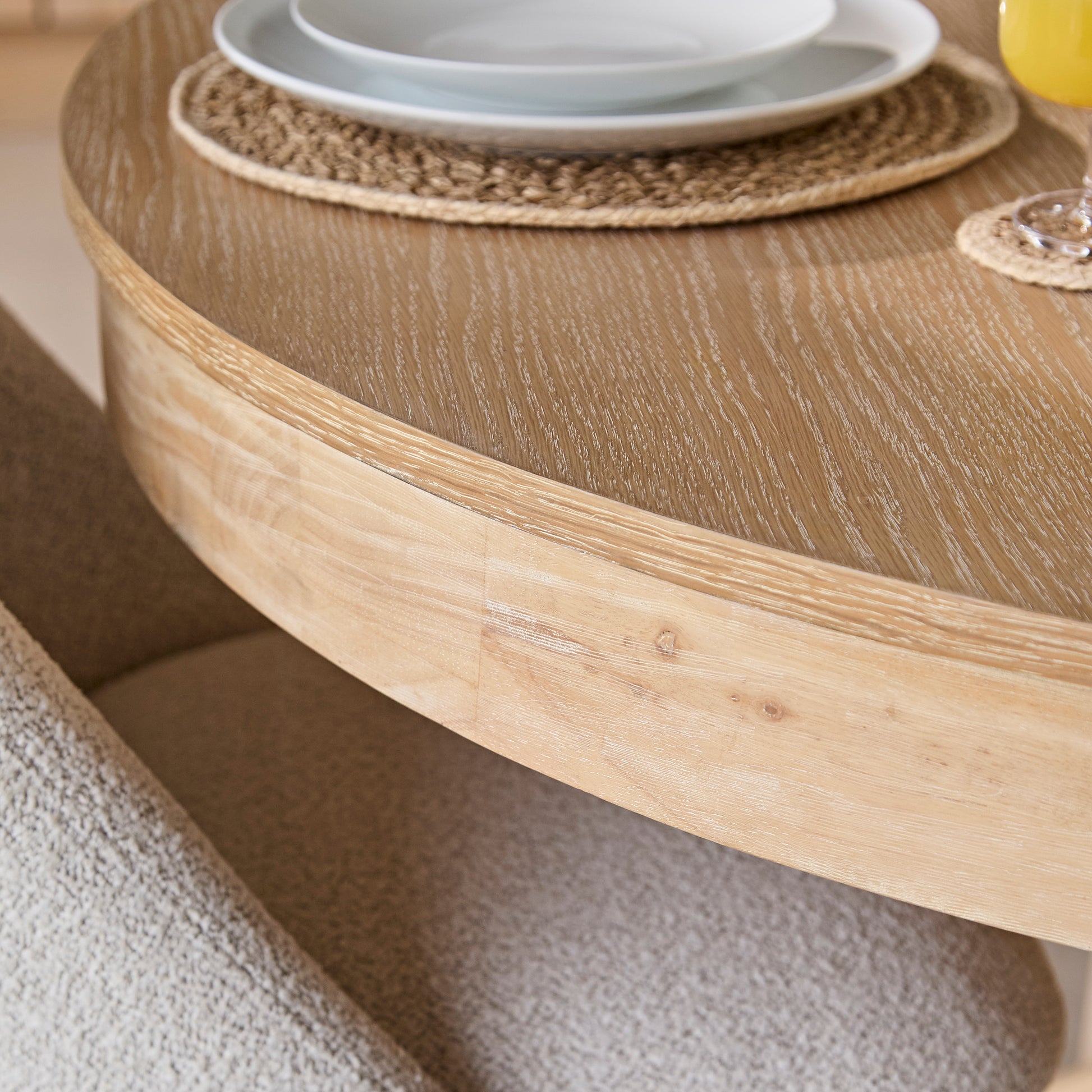 Amelia Whitewash Oak Extendable Oval Dining Table Set - 6 Seater - Freya Oat Boucle Armchairs - Laura James