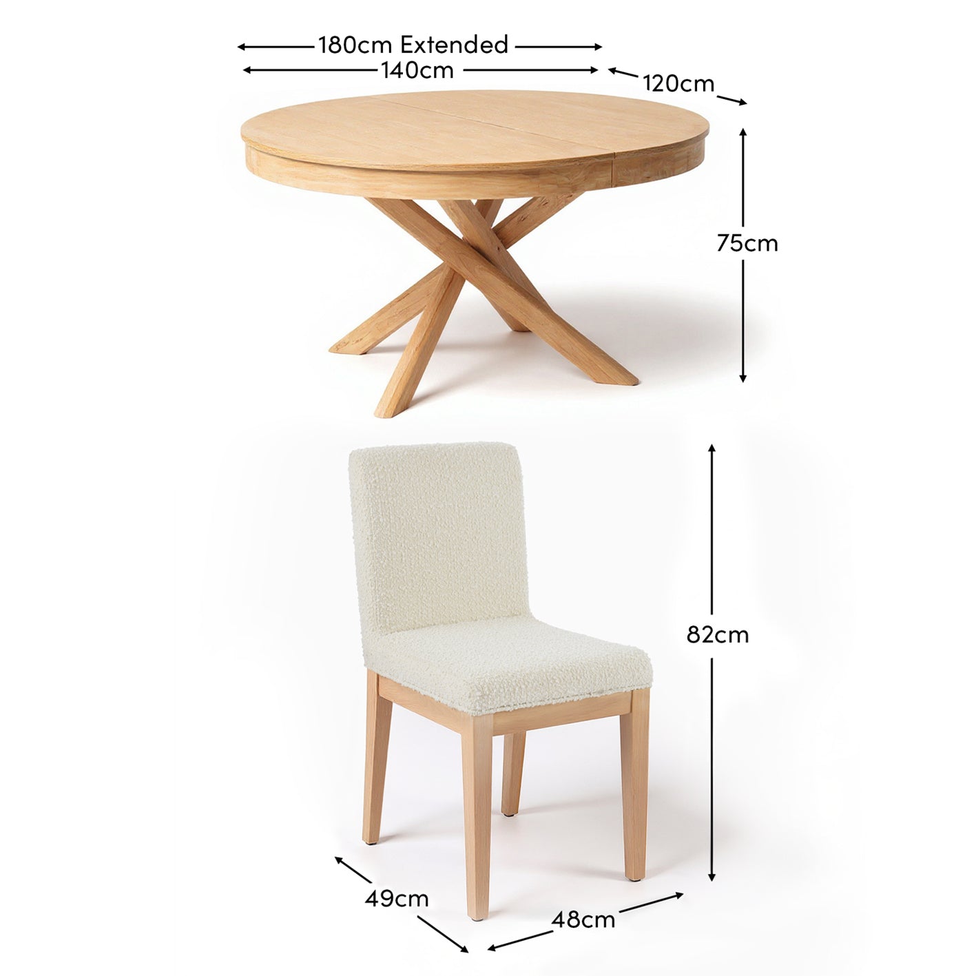 Amelia Whitewash Oval Extending Dining Table Set - 4 Seater - Nolan Boucle Dining Chairs - Whitewash Oak Legs - Laura James