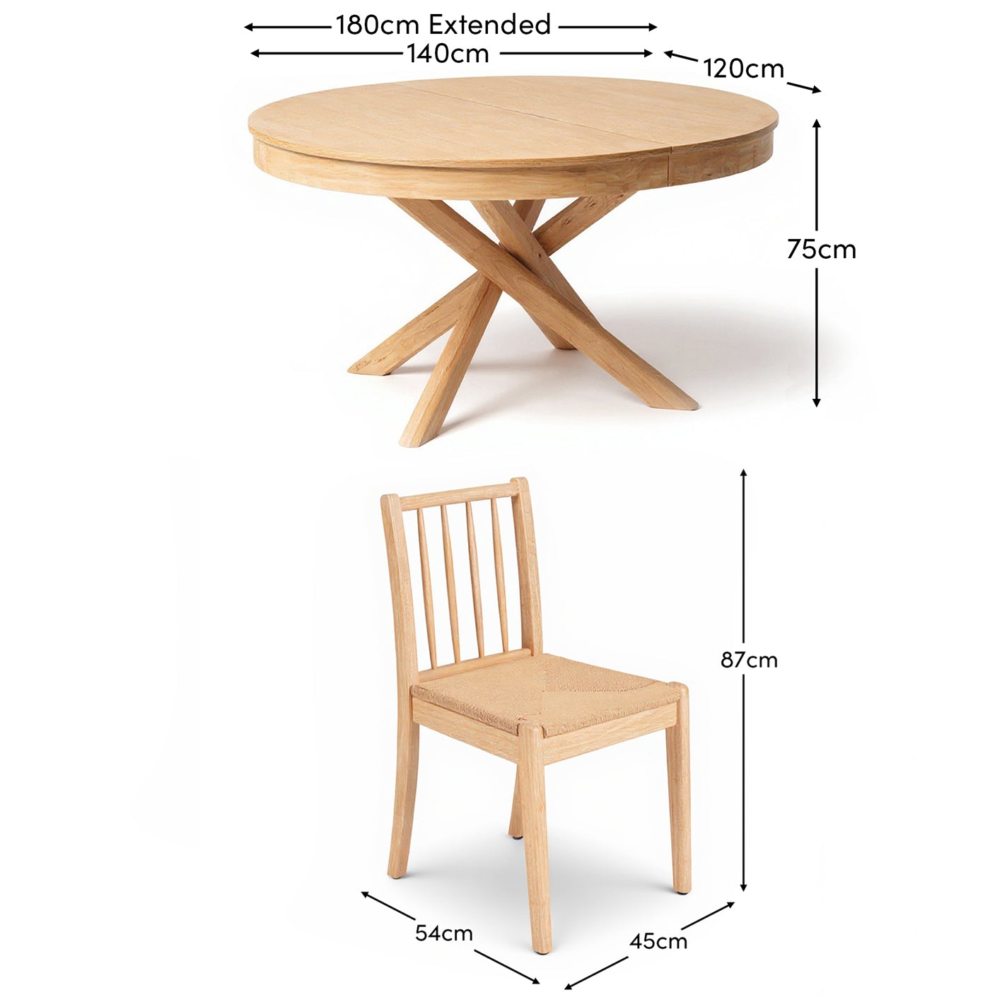 Amelia Extendable Whitewash Oval Dining Table Set  - 6 Seater - Tilly Natural String Dining Chairs - Whitewash Oak Legs - Laura James 
