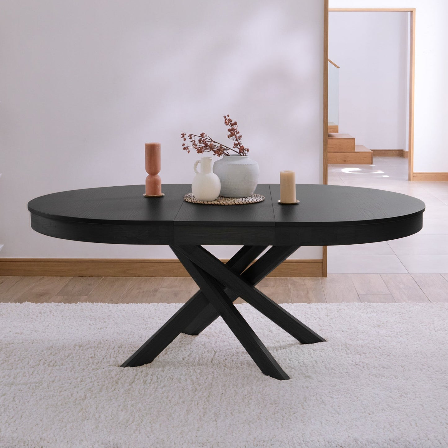 Amelia Black Oak Oval Extending Dining Table Set - 6 Seater - Ella Black Oak Carver Chairs - Fawn Line - Laura James