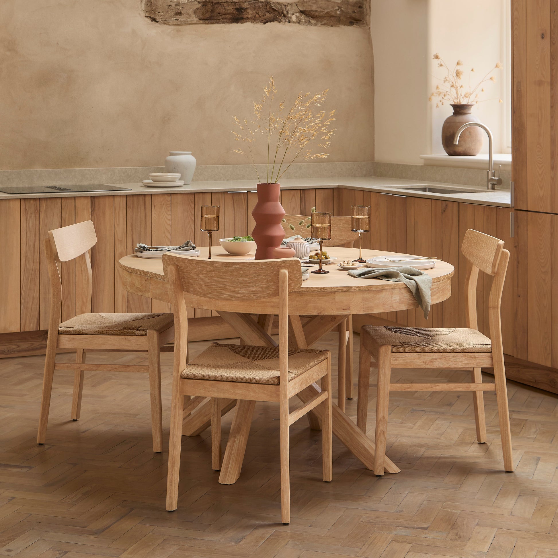 Amelia Extendable Whitewash Oval Dining Table Set - 4 Seater - Faye Dining Chairs - Whitewash Oak Legs -  Laura James 