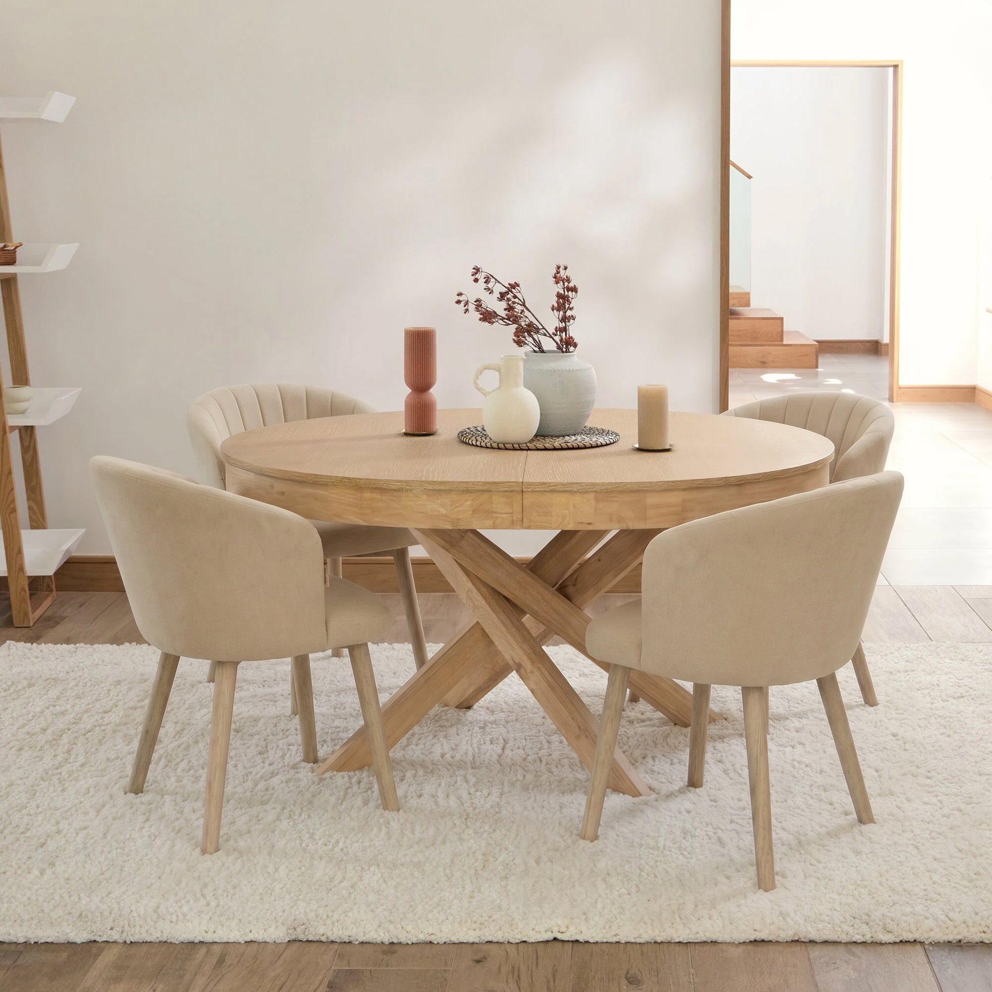 Arabella Natural Beige Dining Chair - Set of 2 - Whitewash Oak Legs + Amelia Whitewash Oval Extending Dining Table Set - 4 Seater - Laura James 