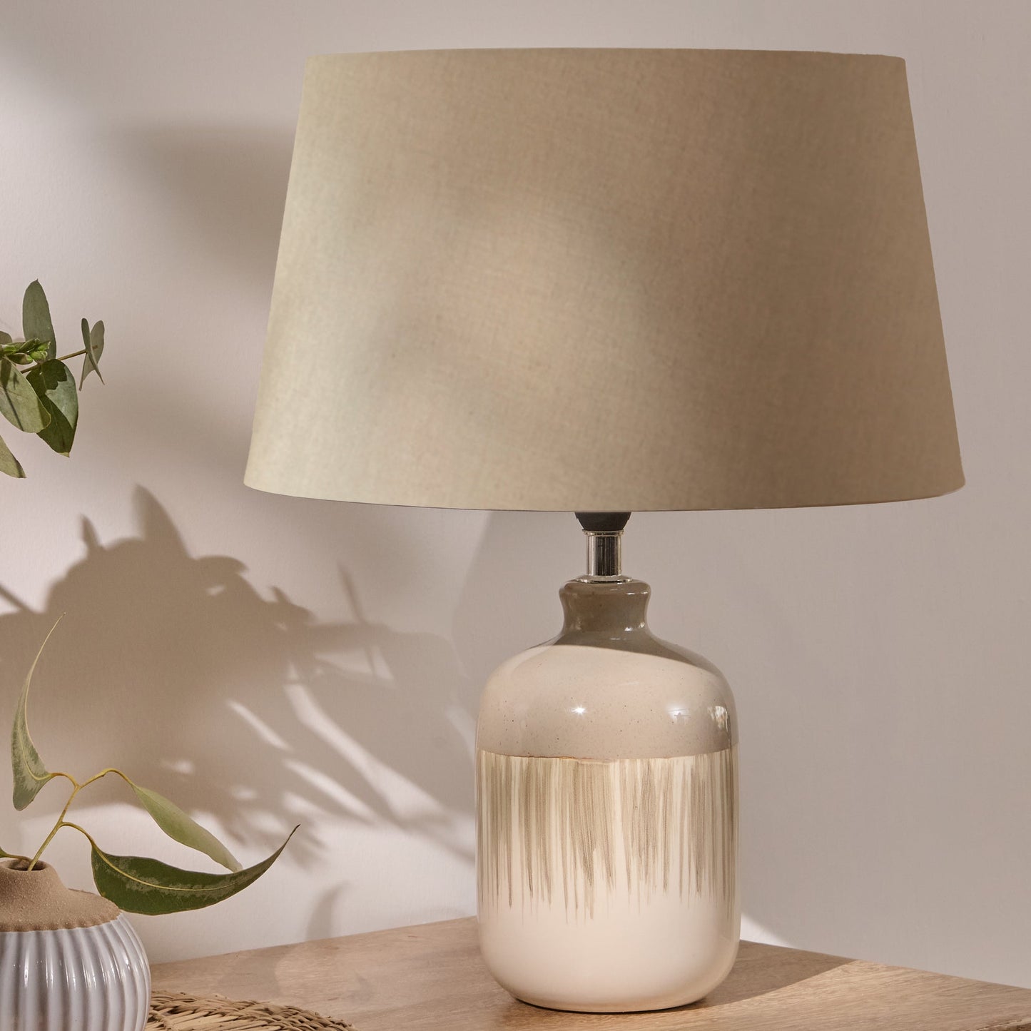 Arundel 24cm Ceramic Lamp Base - Sage Green Reactive Glaze & Coningsby 30cm Cotton Lamp Shade - Taupe - Laura James