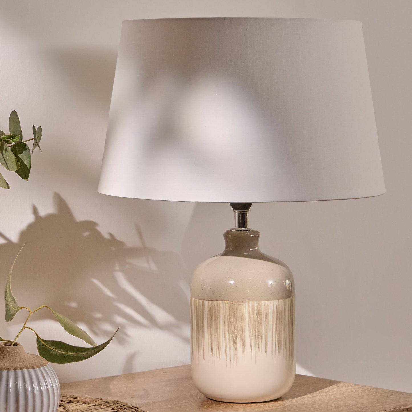 Arundel 24cm Ceramic Lamp Base - Clay Reactive Glaze & Coningsby 30cm Cotton Lamp Shade - Snow White - Laura James
