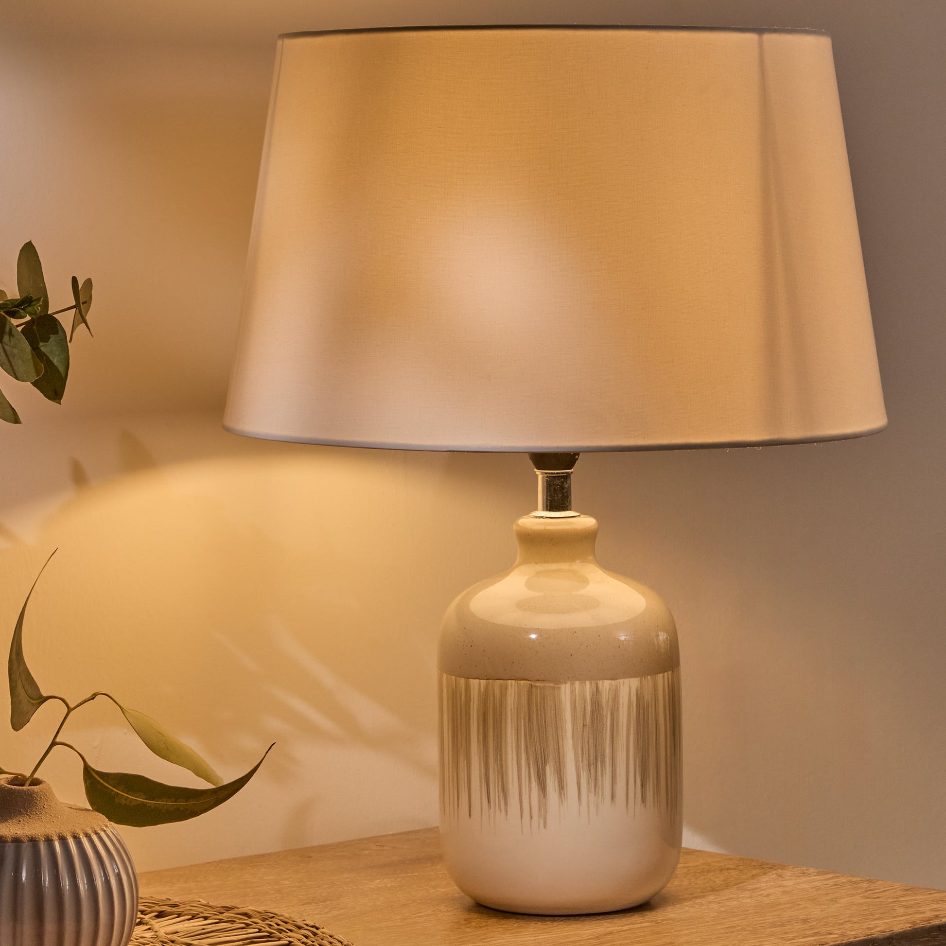 Arundel 24cm Ceramic Lamp Base - Clay Reactive Glaze & Coningsby 30cm Cotton Lamp Shade - Snow White - Laura James