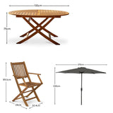 Ashby 6 Seater Round Wooden Garden Dining Set with Arms & Grey LED Premium Parasol  - 130cm - Laura James