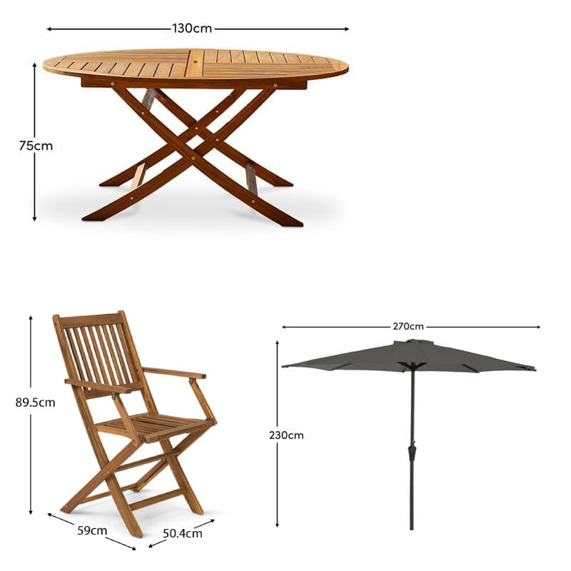 Ashby 6 Seater Round Wooden Garden Dining Set with Arms & Grey LED Premium Parasol  - 130cm - Laura James