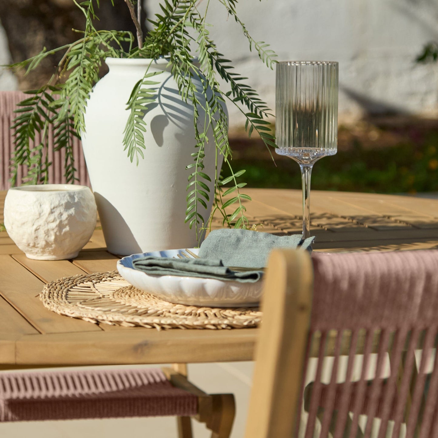 Ashby 6 Seater White Acacia Garden Dining Set with Cove Pink Rope Chairs - 160cm  Laura James